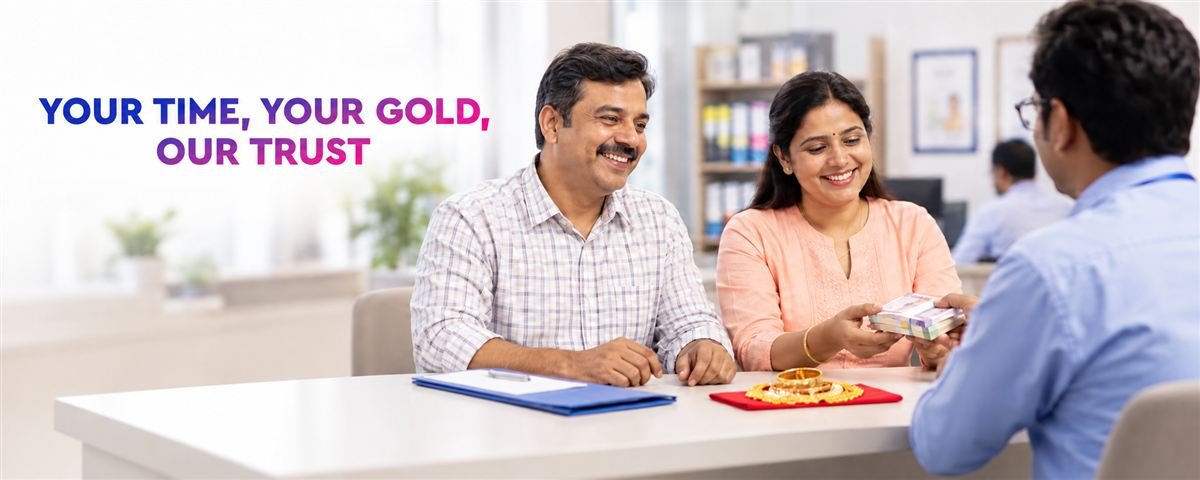Your time, your gold, our trust — gold loan in Kolkata. A smiling couple at our service desk with gold jewellery on the table